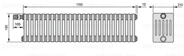 Схема (чертеж) Радиатор Zehnder Charleston 6019/25 №V011 Белый глянцевый RAL 9016